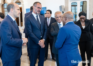 Prince Rahim in conversation with Abdulla Shahid, President of the United Nations General Assembly, as Prince Hussain and Nazim Ahmad, Diplomatic Representative of the Ismaili Imamat to Portugal, look on.