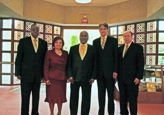 Gathered at the Ismaili Centre, Burnaby (L to R): His Excellency George Abola, High Commissioner for Uganda in Ottawa; Samira Alibhai, President of the Ismaili Council for British Columbia; His Excellency Professor Gilbert Bukenya, Vice President of Ugand