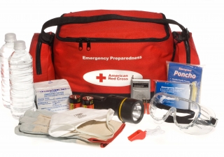 A Red Cross “ready to go” emergency preparedness kit and its contents.