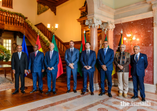 (L to R): Their Excellencies Presidents José Maria Neves of Cabo Verde, Umaro Sissoco Embaló of Guinea-Bissau, Marcelo Rebelo de Sousa of Portugal, Prince Rahim, Prince Aly Muhammad, Carlos Manuel Vila Nova of Sao Tome and Principe, José Ramos-Horta of Timor-Leste, and Nazim Ahmad, Diplomatic Representative of the Ismaili Imamat to Portugal.