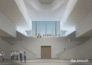 Central atrium and staircase at the Ismaili Center Houston. Each atrium is designed in such a way as to fill the heart of the building with natural light.