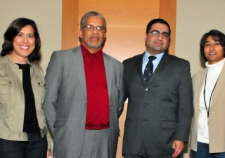 Saloni Firasta-Vastani, Member of the Ismaili Council for the Southeastern United States, Imam Plemon El-Amin, and Priyanka Sinha, Director of Communications and Marketing at the Michael C. Carlos Museum gather with Dr. Hussein Rashid (second from the rig