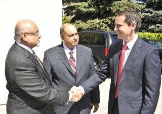 Presidents Mohamed Manji and Karim Sunderji of the Ismaili Councils for Canada and Ontario receive Premier Dalton McGuinty upon his arrival at Headquarters Jamatkhana in Toronto.