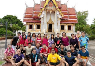 The group gathered in front of Wat Phrabuddhasrisongkhlanakarin, an ornate Buddhist shrine at the centre of Songkhla in southern Thailand.