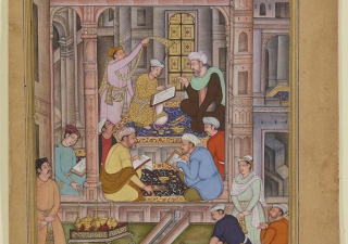 This folio, from an illustrated manuscript of Nasir’s Ethics, depicts an artist’s atelier (workshop) like the one that fashioned the manuscript.