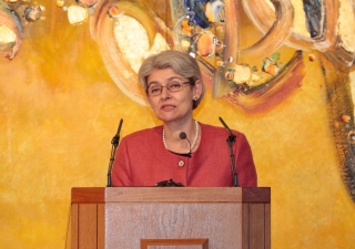 UNESCO Director-General Irina Bokova speaking at the Ismaili Centre, London on protecting cultural heritage. Ismaili Council for the UK