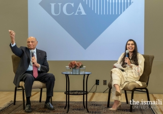 Dr. Shamsh Kassim-Lakha, sitting with Chairman Mehreen Ghaswala of the Aga Khan Education Board for the Southeastern United States.