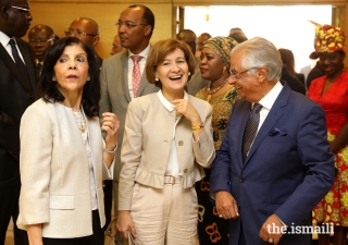 The Ambassador of Algeria, Fatiha Selmane, with the Secretary of State of Foreign Affairs and Cooperation, Teresa Ribeiro, and Diplomatic Representative of the Ismaili Imamat to the Portuguese Republic, Nazim Ahmad, at the commemorations of Africa Day at the Ismaili Centre Lisbon.