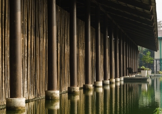 Details of the pillars, made out of upcycled gas pipes, at the Amber Denim Loom Shed in Gazipur, Bangladesh. The project has been shortlisted for the Aga Khan Award for Architecture 2019 cycle.