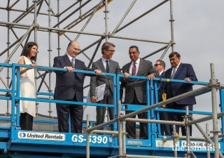 Lead design architect Farshid Moussavi, Mawlana Hazar Imam, landscape architect Thomas L. Woltz, and Ismaili Council for the United States President Al-Karim Alidina survey the future site of the Ismaili Center Houston from above.