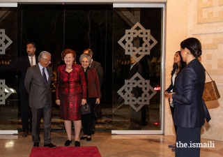 Vaira Vike-Freiberga, President of WLA-Club de Madrid, and Maria Elena Agüero, Secretary General of the WLA-Club de Madrid, are welcomed to the Ismaili Centre Lisbon by Nazim Ahmad, Diplomatic Representative of the Ismaili Imamat.