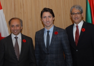 Prime Minister Justin Trudeau with AKDN Representative Dr Mahmoud Eboo and Ismaili Council President Malik Talib at the Delegation of the Ismaili Imamat in Ottawa. AKDN