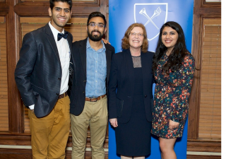 Emory University’s President Claire Sterk honors three Ismaili graduates as Emory University's 100 Senior Honorary for 2017. (From left): Naveed Noordin, Areesh Abdulla, President Sterk, and Karishma Ratnani.