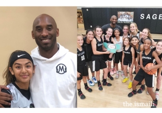 Annika Jiwani with Kobe Bryant and on right, with Team Mamba.