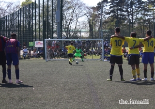 A penalty shootout takes place during the football competition at the European Sports Festival 2019.