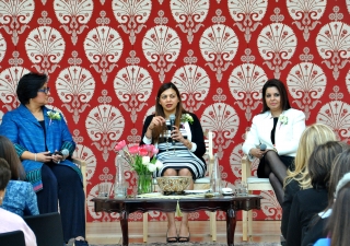 Panelists Shainoor Khoja (left), Jenny Datoo (centre) and Jenny Gulamani-Abdulla (right) address the audience at the International Women’s Day celebrations. Nalina Sacoor