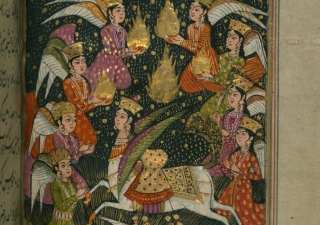 The folio depicts several angels, along with Buraq, the winged horse the holy Prophet is said to have ridden on Mi’raj.