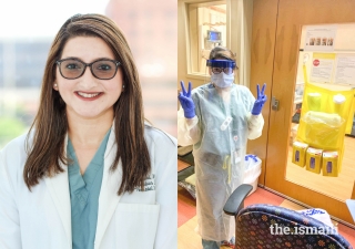 Pediatrician Dr. Nazia Kabani of Birmingham, Alabama. Right: Dr. Kabani at the hospital wearing personal protective equipment (PPE) and wishing us all well.