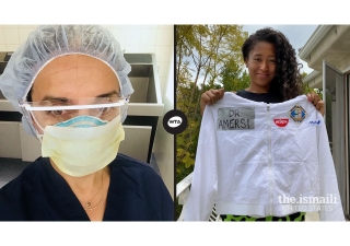 Tennis Star, Naomi Osaka, holds championship jacket with Dr. Amersi’s name, as part of The Real Hero Project national campaign.