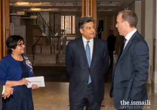 Dominic Raab, Secretary of State for Foreign and Commonwealth Affairs in conversation with Naushad Jivraj, President of the Ismaili Council for the UK, during a guided tour of the Ismaili Centre, London.