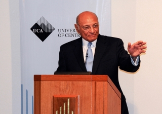 Shamsh Kassim-Lakha delivers a talk on how the University of Central Asia is creating opportunity in the region at the Ismaili Centre, London. Ismaili Council for the UK / Riaz Kassam