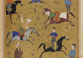 An illustration of a polo game from a manuscript of the poem Guy u Chawgan (the Ball and the Polo-mallet) dating from 1546, during the Safavid dynasty in Persia.