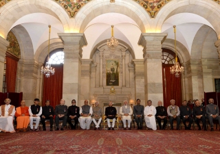 Mawlana Hazar Imam together with other Padma award recipients at the Rashtrapati Bhavan, the official residents of the President of India. Government of India