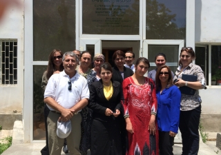 Dr. Talib (front blue) with community health promotors, volunteers, and AKHS physician leads at the Rushan Village in Gorno-Badakhshan Autonomous Oblast, Tajikistan.