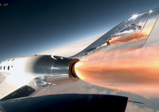 Virgin Spaceship VSS Unity during the boost portion of the Galactic 07 mission, on which Jameel Janjua was the pilot.