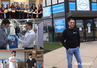 Top left: Sanif Maredia provides local healthcare workers with food from his restaurant MESS - College Station Waffle House. Middle left: Saleem Ali and Rahim Maknojia of Oaks Cleaner provide free laundry services for healthcare professionals and medical professionals. Bottom left: Alishah Momin and Nazim Sunesara at Ionized LLC prepare supplies for distribution. Right: Rafiq Karimi of CD One Price Cleaners in Chicago offers free laundry services to emergency and healthcare workers.