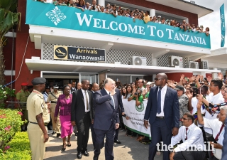 Mawlana Hazar Imam greets Jamati members during his arrivals at the Julius Nyerere Airport in Dar es Salaam.