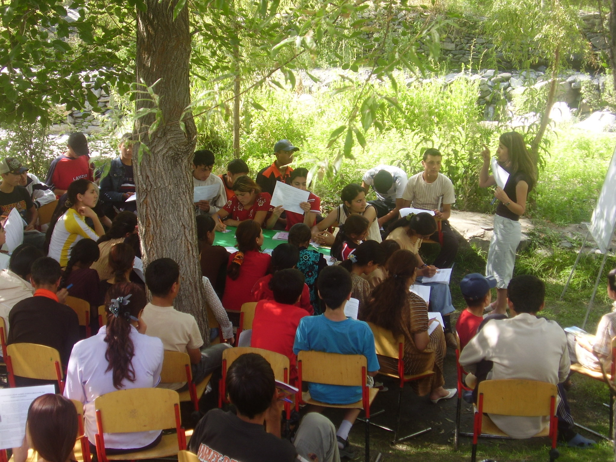 A FOCUS team teaches children about disaster preparedness and awareness at a summer camp held in 2006 in the Shughnan district. Photo: Courtesy of FOCUS