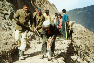 In 2001, with the assistance of FOCUS, community members built an evacuation path leading to a safe haven site near Razuj village in the Bartang valley of the district of Rushan. Photo: Courtesy of FOCUS