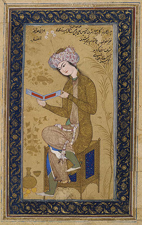 This painting, signed by Reza Abbasi, provides an insight into several aspects of art and society at the Safavid court in the 1620s. The young man reading embodies the fashion of the day. Photo: The Trustees of the British Museum