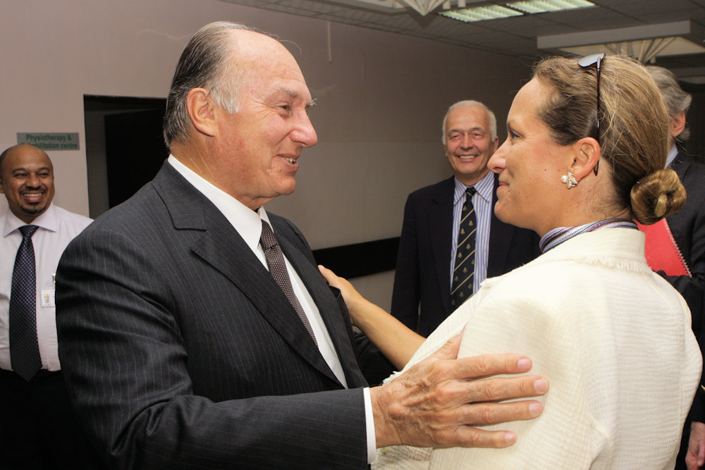 Mawlana Hazar Imam greets Princess Zahra on arrival at the Aga Khan Hospital, Mombasa. Photo: Ejaaz Karmali