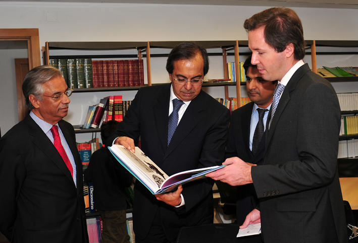 AKDN Representative Nazim Ahmad, Ismaili Council for Portugal President Amirali Bhanji, Karim Vissangy, and Secretary of State of European Affairs of Portugal, Pedro Lourtie together in the library of the Ismaili Centre, Lisbon. Photo: Courtesy of the Ismaili Council for Portugal