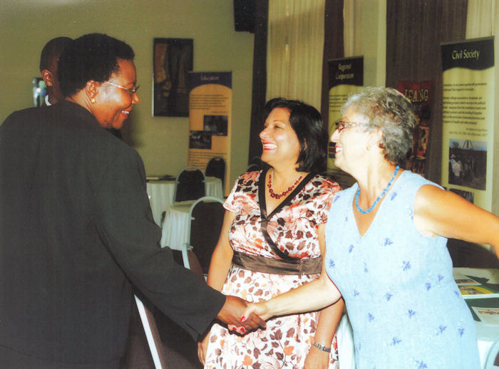 Shamim Murji and Ann Jeffs meet Syda Bbumba, the Ugandan Minister of Finance, who was the chief guest at the 25th anniversary of the AKF Madrasa Programme. Photo: Courtesy of Shamim Murji