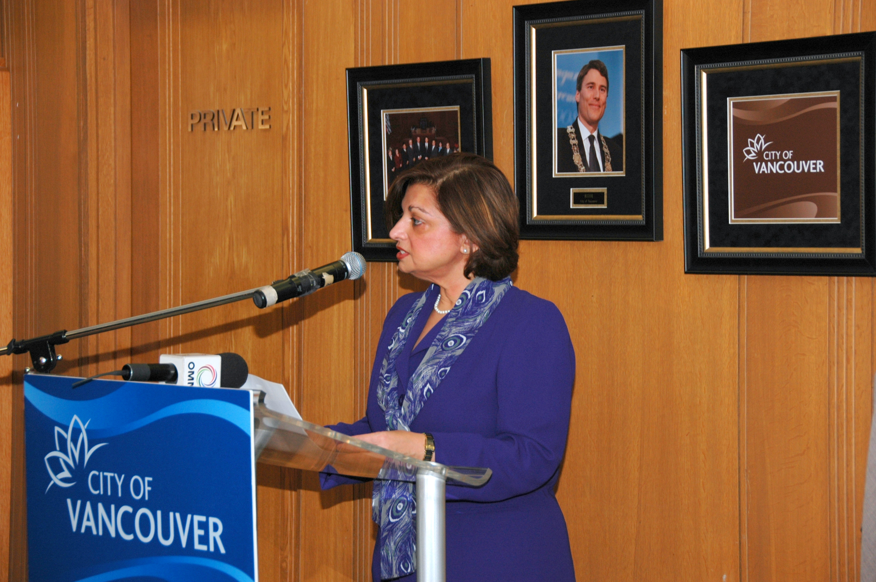 Samira Alibhai, President of the Ismaili Council for British Columbia, delivers the opening remarks of the Eid al-Adha commemoration at Vancouver City Hall. Photo: Sultan Bhalo