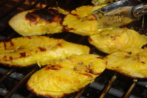 Grilled plantain makes a tasty and nutritious snack. Photo: Nazma Lakhani