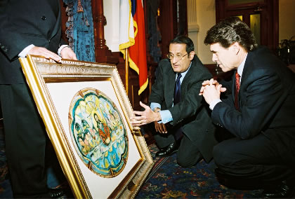 Mirza with Governor Rick Perry showcasing his work at the Texas State Capitol in 2004. Photo: Abdul Mohamed 