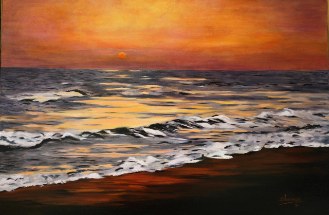 Sunset Serenity – This painting shows a glow in the sea, adding not only beauty to the waves but creating a sense of peace. The brilliant light in the sky reflects on the sea, which shows how the light in a person can influence others around him in a positive manner. Painting: Sharmyn Ali