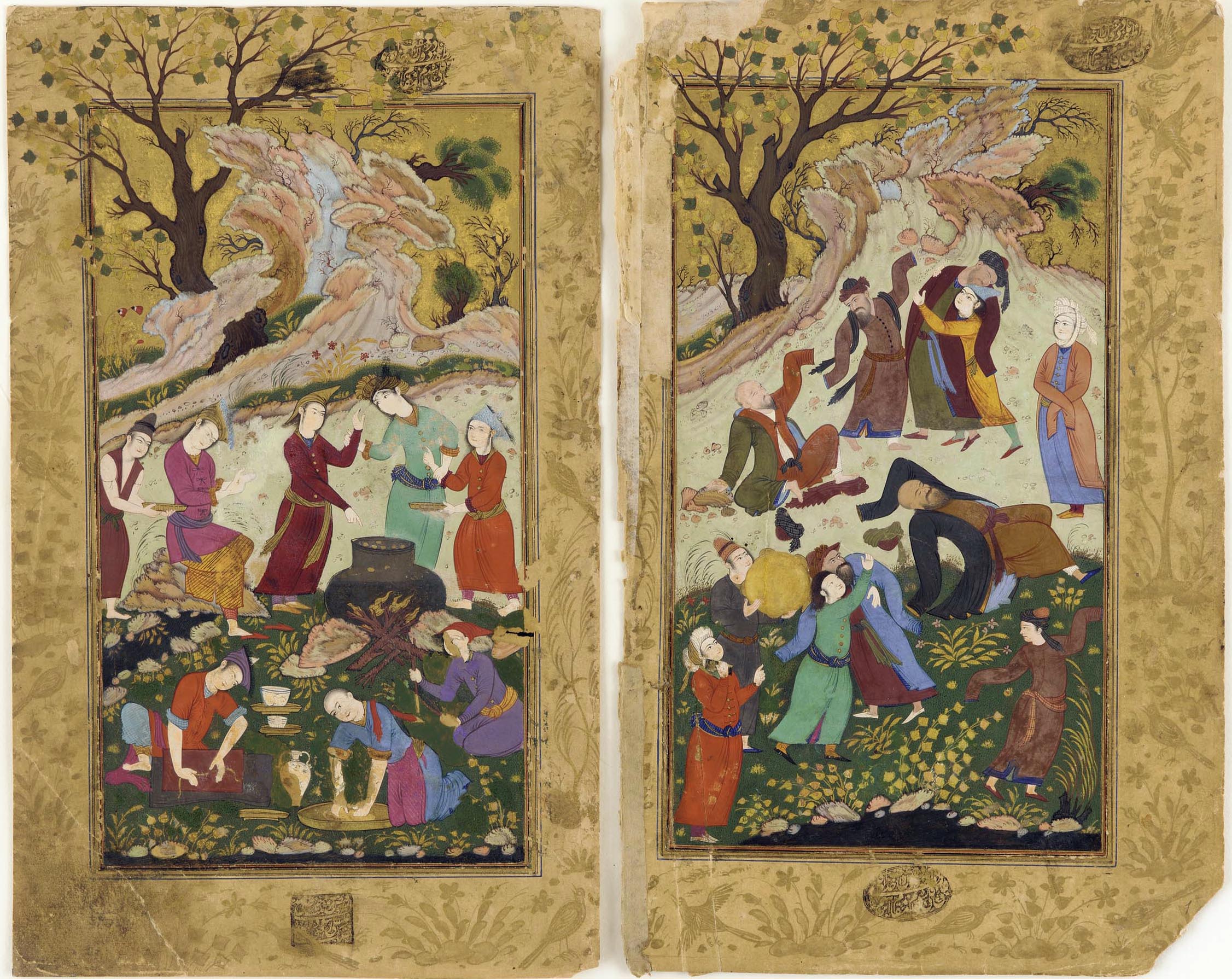 Copied by Mir ‘Imad; “Dancing Dervishes”, Double-page composition from an illustrated manuscript of the “Gulistan (Rose Garden)” of Sa'di, Iran, ca. 1615; Opaque watercolor, ink, and gold on paper  (26.9 x 16.4 cm). Lent by the Art and History Collection; Courtesy of the Arthur M. Sackler Gallery, Smithsonian Institution, Washington, DC: LTS1995.2.174.1-.2