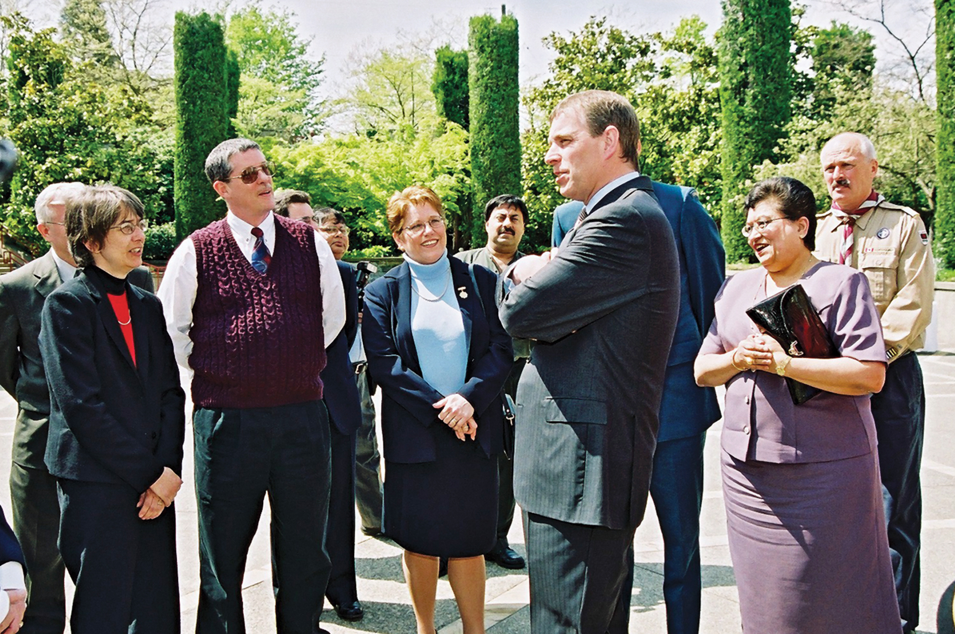 His Royal Highness Prince Andrew, Duke of York, speaks with guests and recipients of The Duke of Edinburgh's Award in the courtyard of the Ismaili Centre, Burnaby. Photo: Aziz Ladha