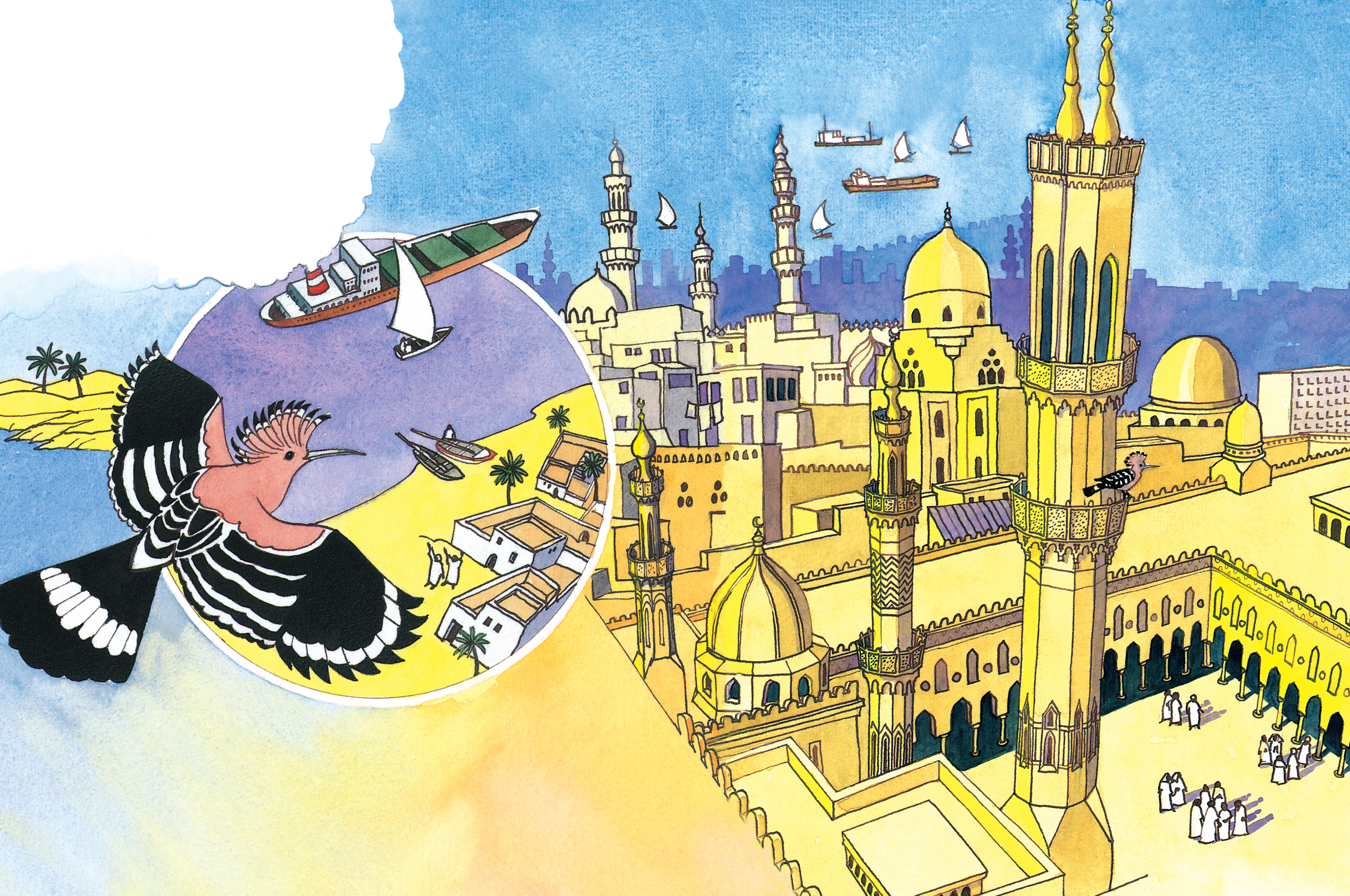 In Primary Two, Hoopoe, the bird of wisdom, takes children on a journey into the past. Here Hoopoe introduces the Fatimid city of Cairo. Copyright: The Institute of Ismaili Studies