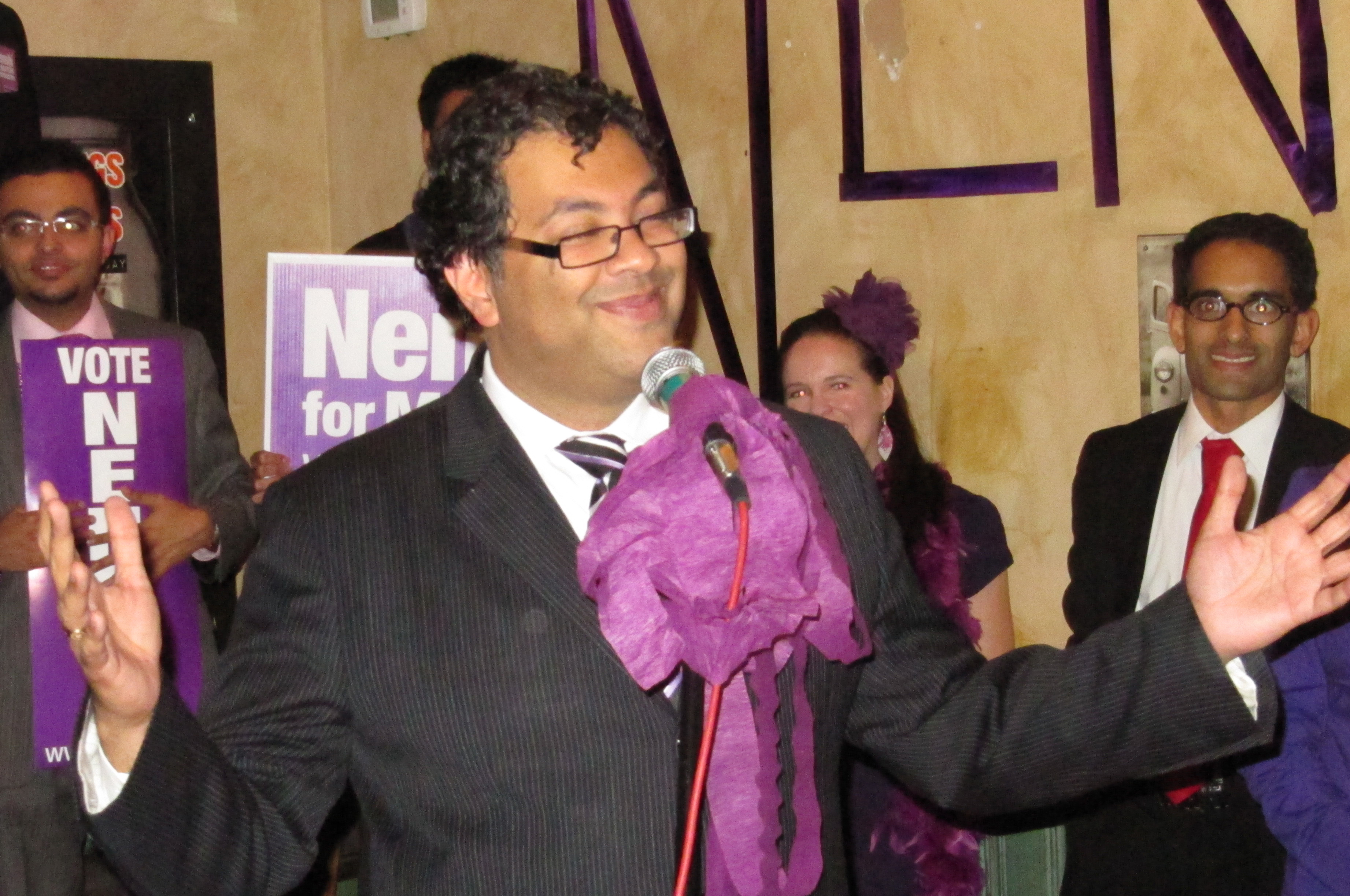 Newly-elected mayor of Calgary, Naheed Nenshi, celebrates victory with his famous “purple army” of volunteer campaign workers and supporters. Photo: Courtesy of Naheed Nenshi