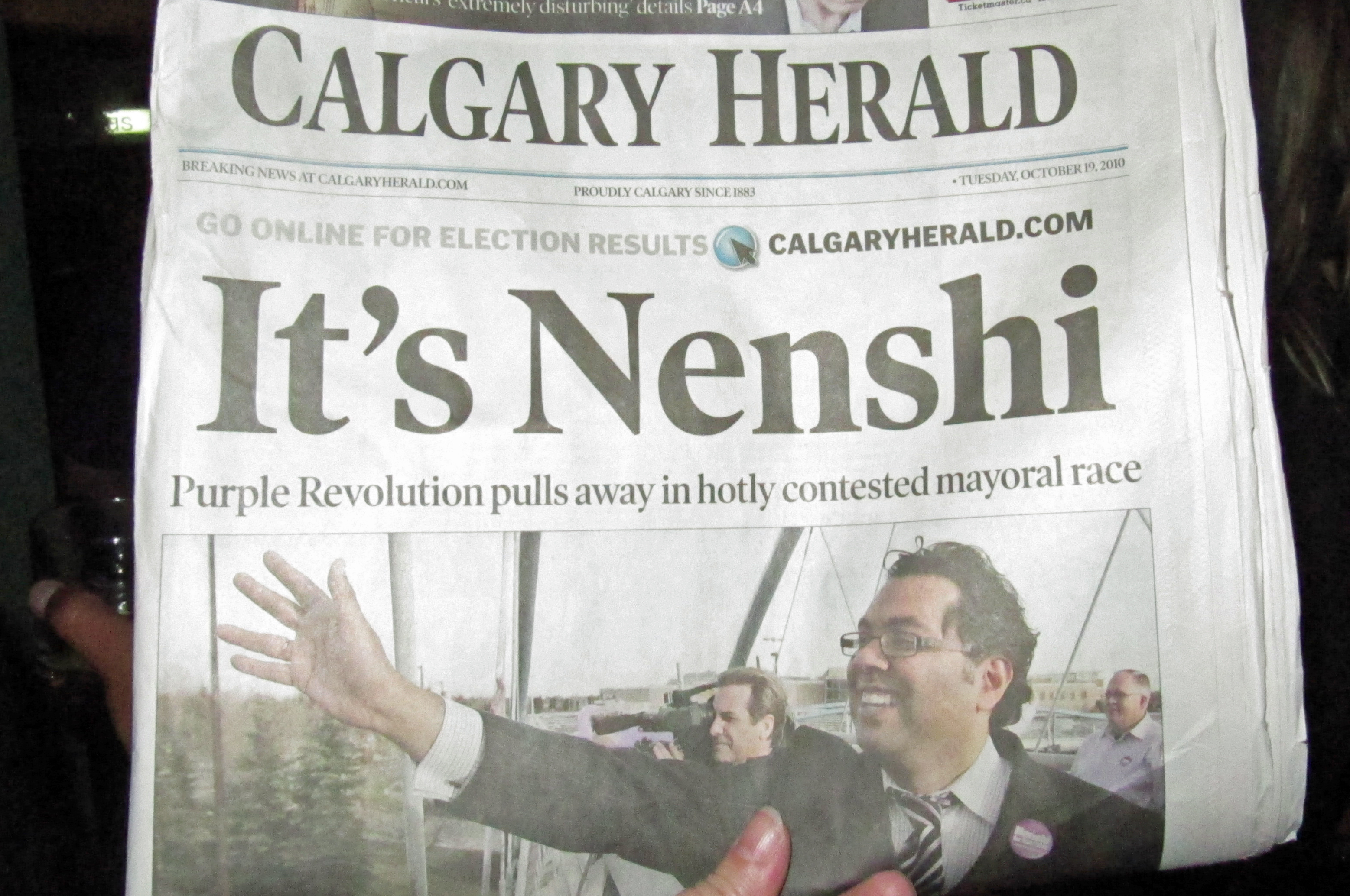 The Calgary Herald headline on 19 October 2010: “It's Nenshi”. Photo: Courtesy of Naheed Nenshi