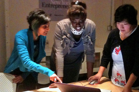 Shaherose Charania (left) works with two entrepreneurs on an idea at Women 2.0 Labs, a pre-incubator for future technology founders. Photo: Angie Chang