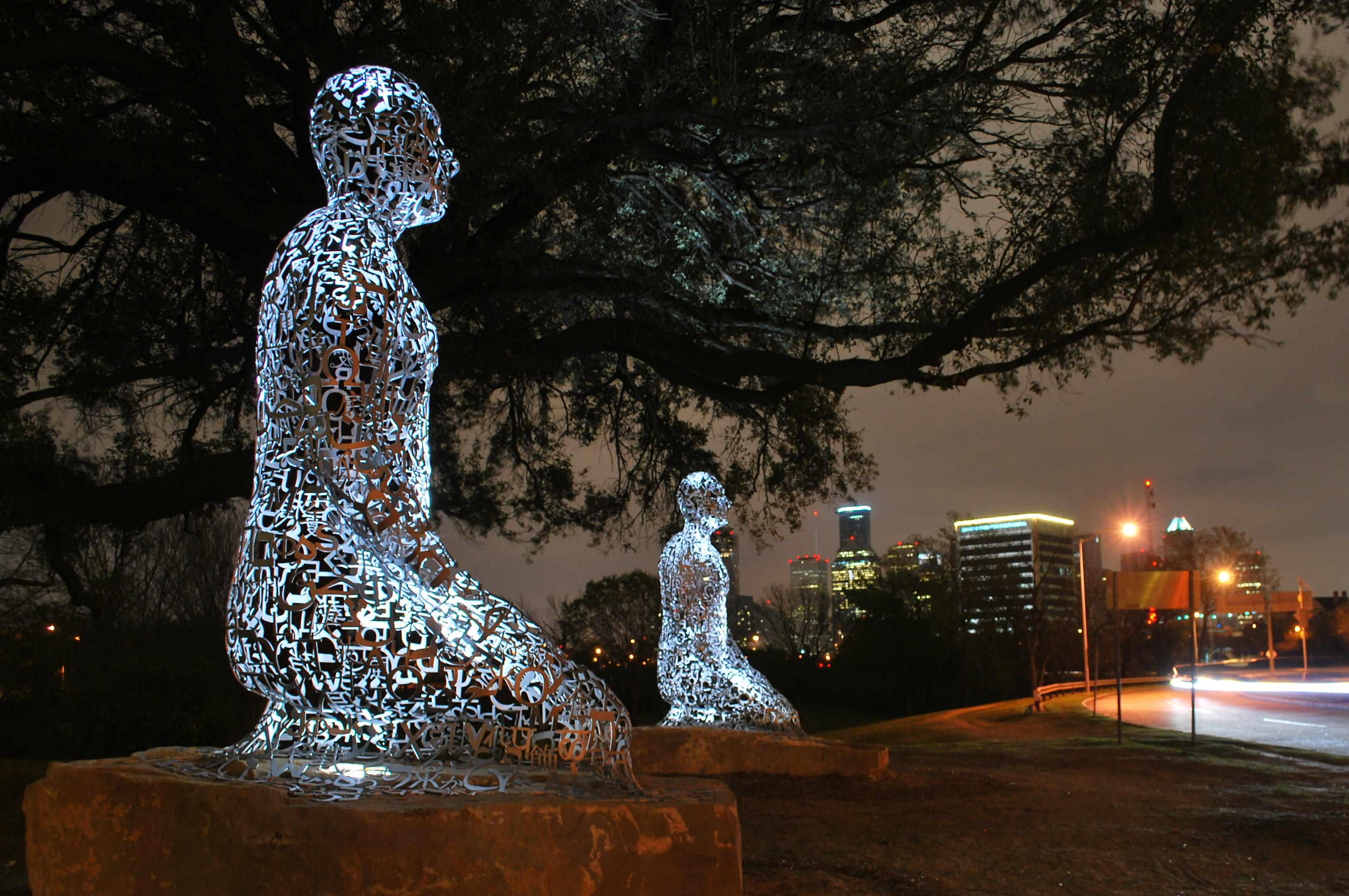 A view of the Tolerance sculptures along Allen Parkway at night time. Photo: Zahid Alibhai