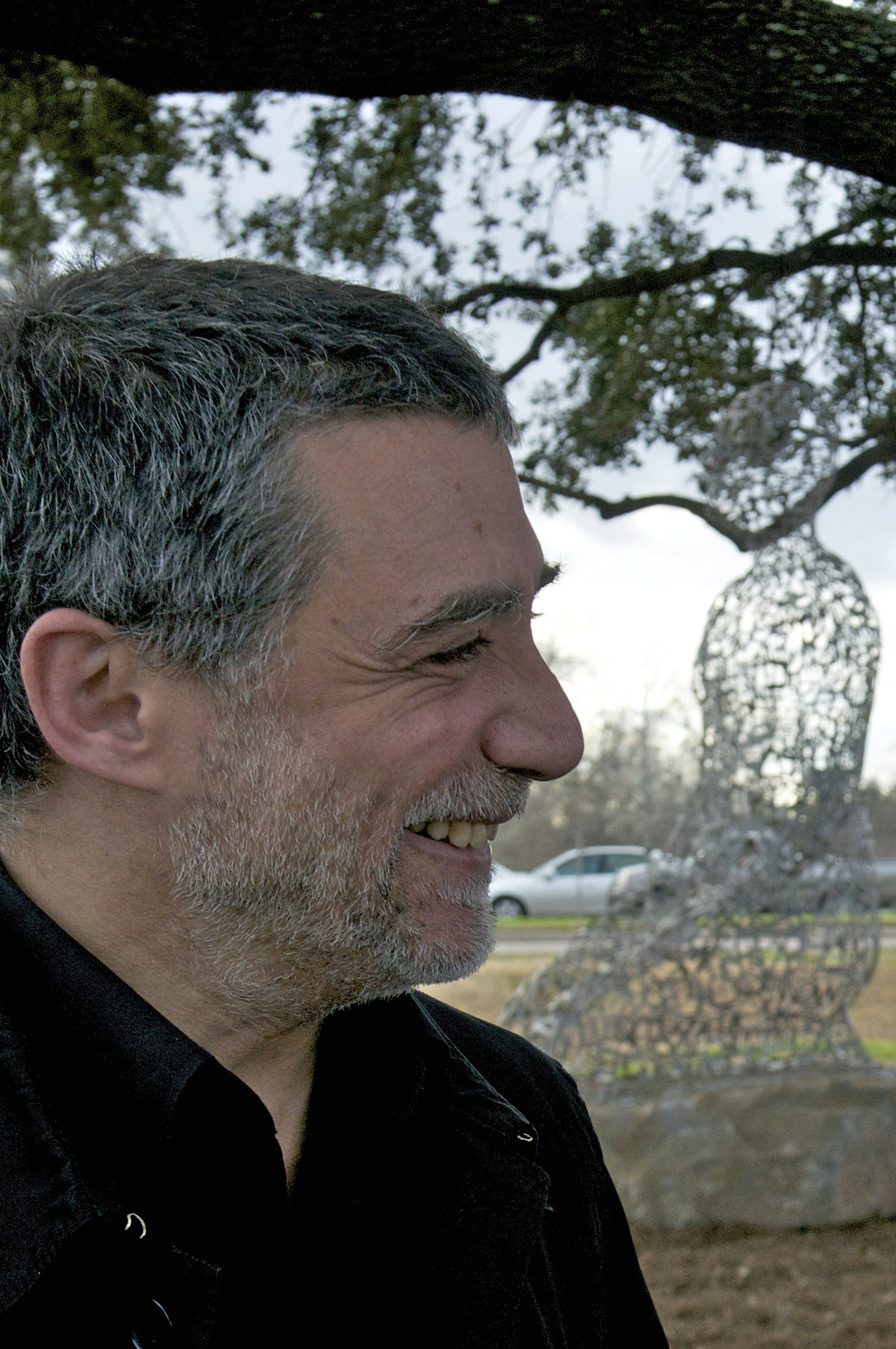 Jaume Plensa at the Tolerance dedication ceremony held at Harmony Walk, with one of the sculptures visible in the background. Photo: Zahid Alibhai