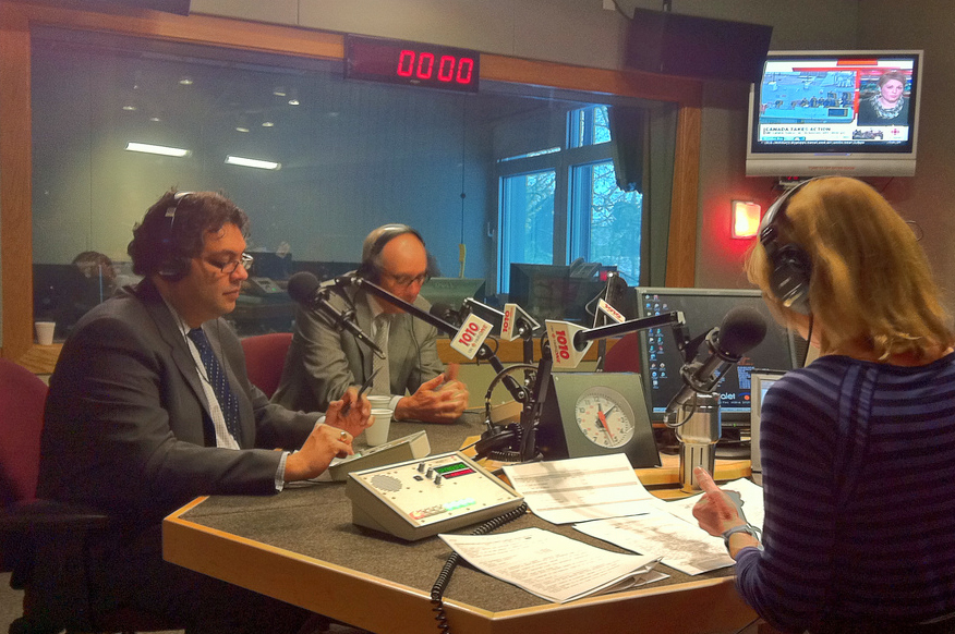 Calgary Mayor Naheed Nenshi and Edmonton Mayor Stephen Mandel take part in a CBC Radio call-in show Alberta@Noon hosted by Donna McElligott. Photo: Courtesy of Mayor Nenshi and Team